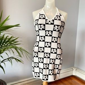 Debut from ASOS knit bodycon halter dress black and white flower power size XS